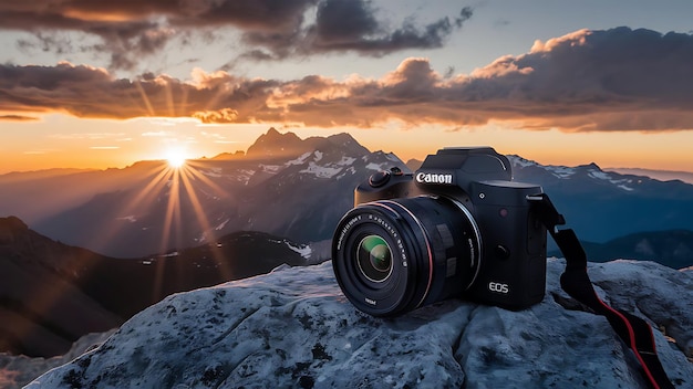 Beautiful mountain sunrise view with camera