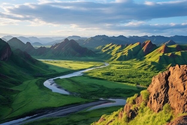 Beautiful mountain valley with green hills and huge rainbow in summer