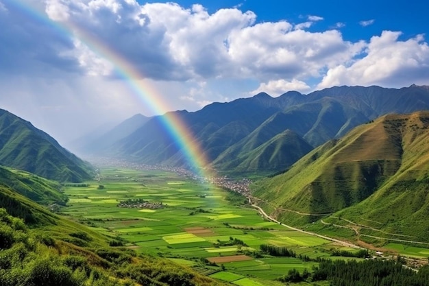 Beautiful mountain valley with green hills and huge rainbow in summer