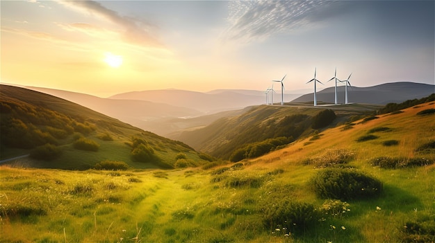 Beautiful mountain valley with wind turbines at sunset Generated ai