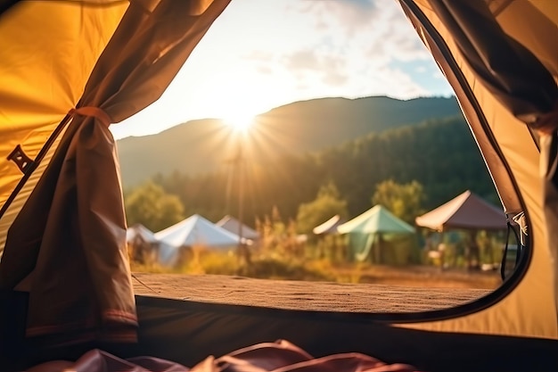 Beautiful mountain view in sunset time at camping vacation holiday thought tent defocused bokeh