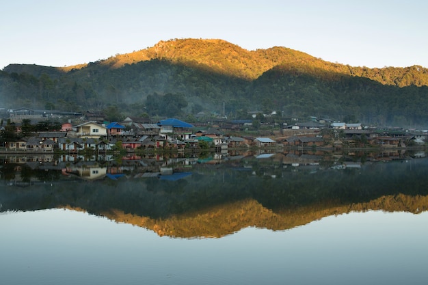 Beautiful mountain village around the lake with reflection in Mae Hong Son,Thailand