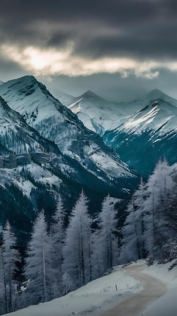 Beautiful mountains covered in snow under the cloudy sky