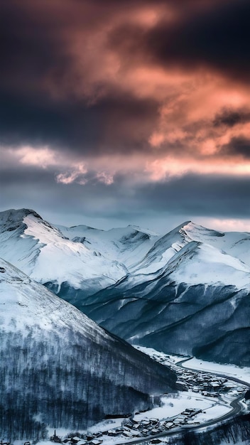 Beautiful mountains covered in snow under the cloudy sky