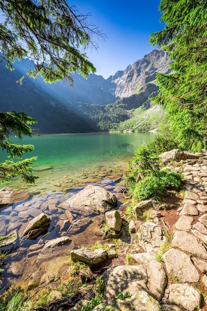 Beautiful mountains pond at sunrise Poland Europe