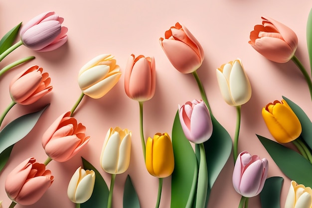 Beautiful multicolor tulips on pastel pink background