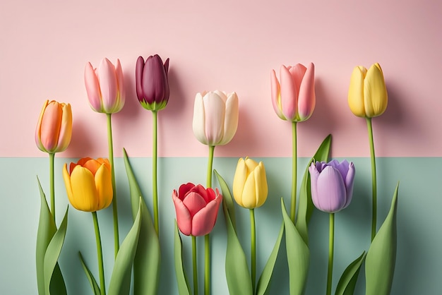 Beautiful multicolor tulips on pastel pink background