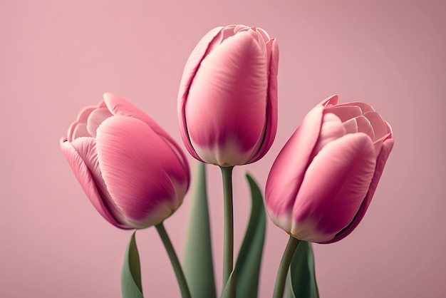 Beautiful multicolor tulips on pastel pink background