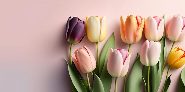 Beautiful multicolor tulips on pastel pink background