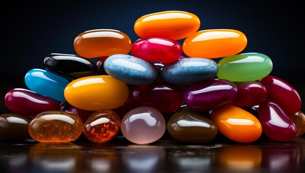 Beautiful multicolored pebbles stacked in a pile Shiny gems polished close up