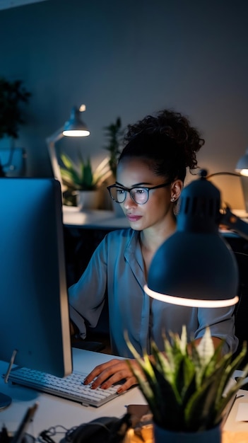 Beautiful Multiethnic Brazilian Female Working on Desktop Computer Late at Night