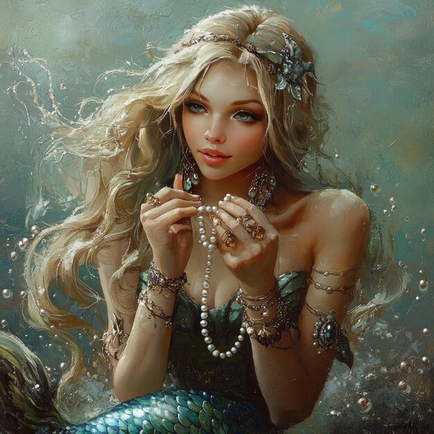 Photo a beautiful murmaid looking towords pearls in her hands