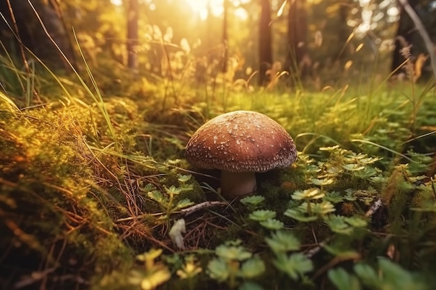 Beautiful mushroom growing in grass in forest on a sunny summer day Generative AI illustration