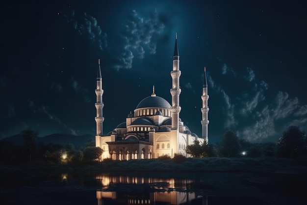 Beautiful Muslim mosque view at night with beautiful cloudy sky Turkeystyle Islamic mosque design with a beautiful lake Muslim prayer place Beautiful mosque glowing at night Generative AI