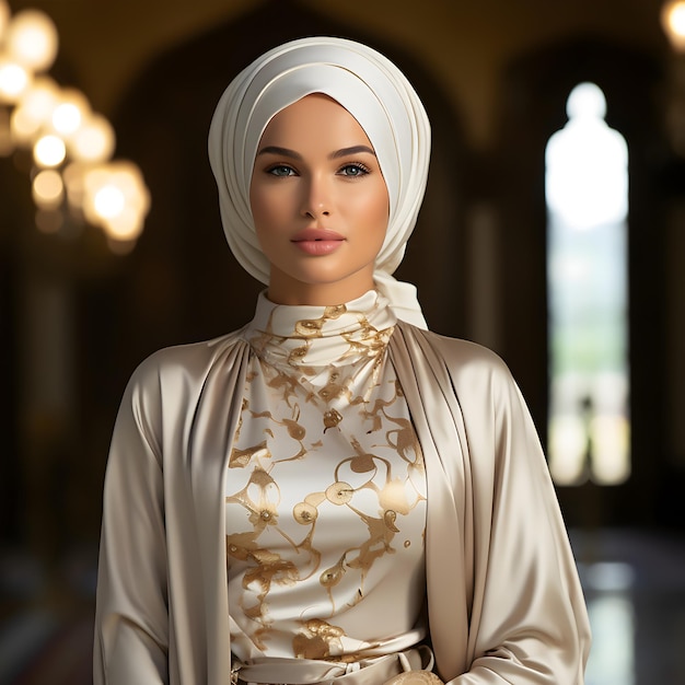 Beautiful Muslim woman wearing Islamic hijab and white dresses embroidered with gold