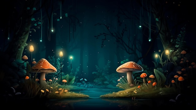 Beautiful and mysterious enchanted forest with mushrooms fireflies butterflies and other creatures and plants Copy space in the middle outdoor nature background Generative AI