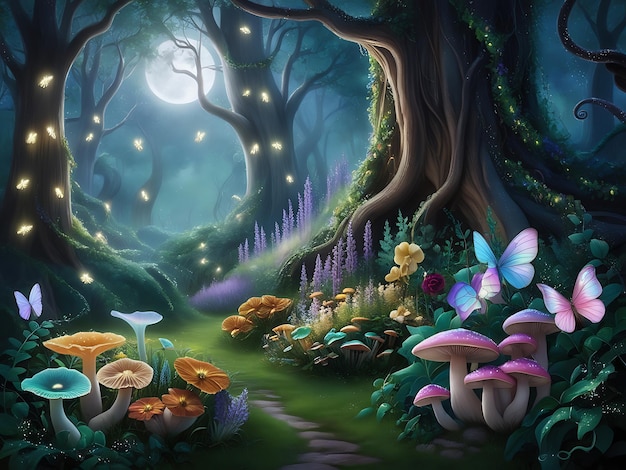 Photo beautiful and mysterious enchanted forest with mushrooms fireflies butterflies and other creatures and plants