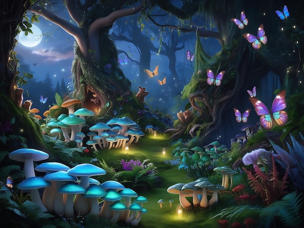 Photo beautiful and mysterious enchanted forest with mushrooms fireflies butterflies and other creatures and plants