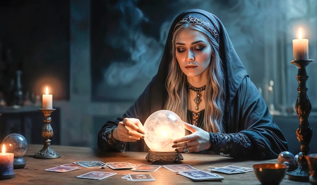 A beautiful mysterious fortune teller with piercing eyes predicts fate on a magic ball