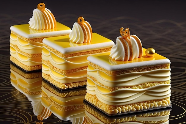 Beautiful napoleons in yellow caramel with cream and decoration for dessert