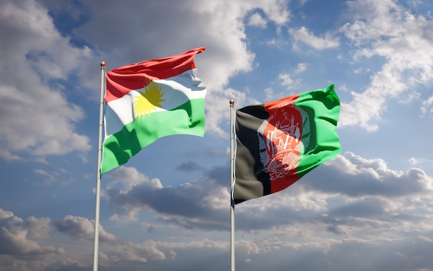 Beautiful national state flags of Afghanistan and Kurdistan