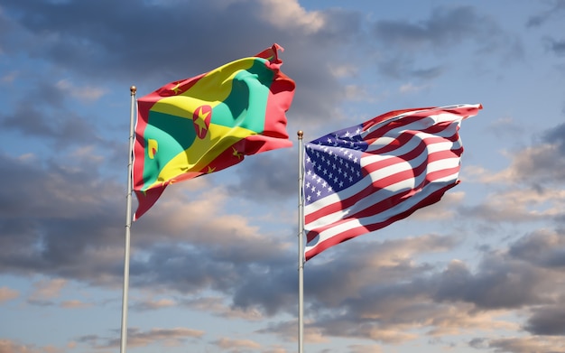 Beautiful national state flags of Grenada and USA together