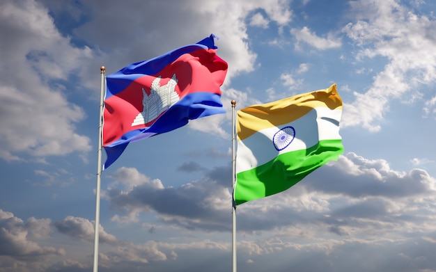 Beautiful national state flags of India and Cambodia together