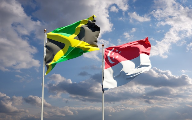 Beautiful national state flags of Jamaica and Singapore together