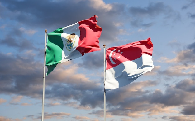 Beautiful national state flags of Mexico and Singapore together