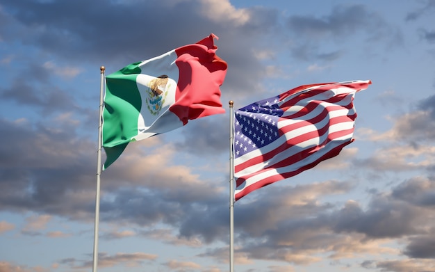 Beautiful national state flags of Mexico and USA together