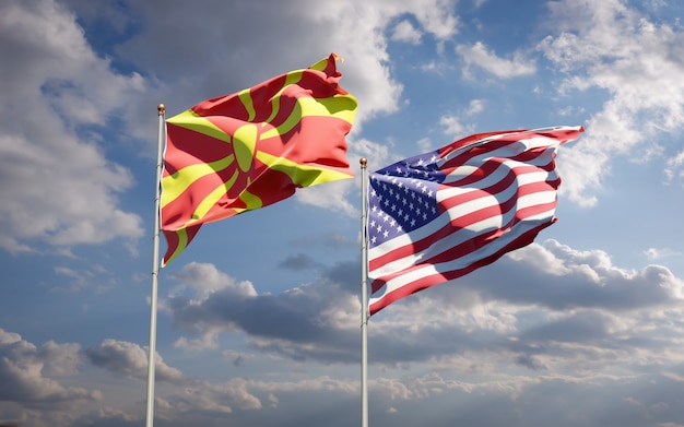 Beautiful national state flags of North Macedonia and USA together