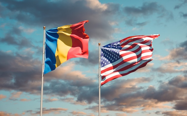 Beautiful national state flags of Romania and USA together