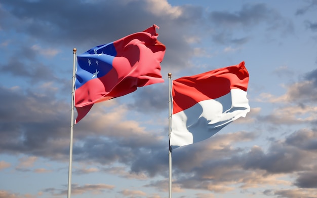 Beautiful national state flags of Samoa and Indonesia together on blue sky