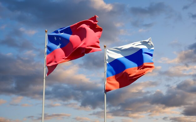 Beautiful national state flags of Samoa and Russia together on blue sky. 3D artwork