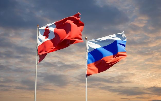 Beautiful national state flags of Tonga and Russia together on blue sky. 3D artwork