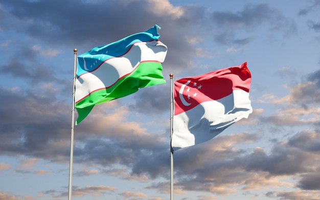 Beautiful national state flags of Uzbekistan and Singapore together