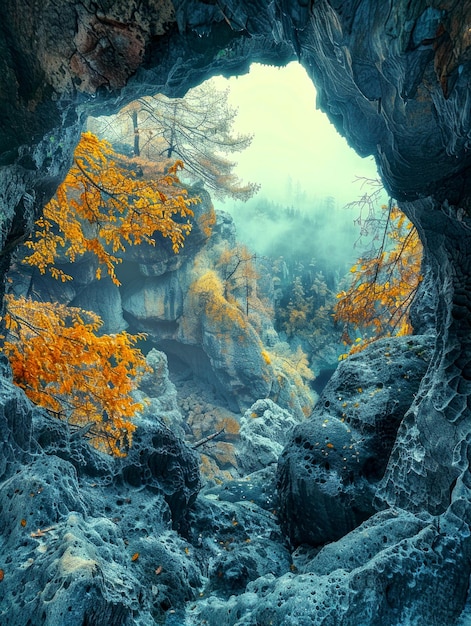 Photo beautiful natural cave opening with vibrant autumn leaves and misty mountains in the background aigenerated image perfect for illustrating nature landscapes and serene outdoor scenes ai