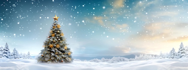 Beautiful natural landscape with Christmas tree on snow background in blue sky