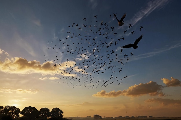 beautiful natural scenery with groups of birds flying around