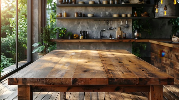 Beautiful natural wooden table with kitchen background