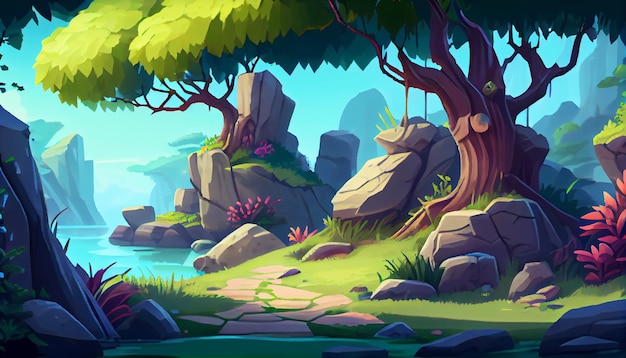 Beautiful nature 2D background environment for a mobile game A high quality horizontal background landscape Gaming template design location Generative ai