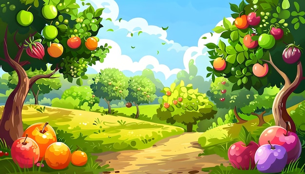 beautiful nature background fruit garden cartoon illustration