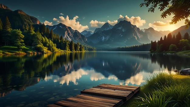 Photo beautiful nature background nature wallpaper design lake mountains and trees banner illustration