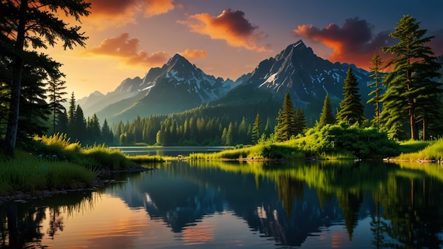 Photo beautiful nature background nature wallpaper design lake mountains and trees banner illustration