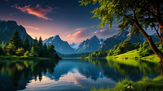 Photo beautiful nature background nature wallpaper design lake mountains and trees banner illustration