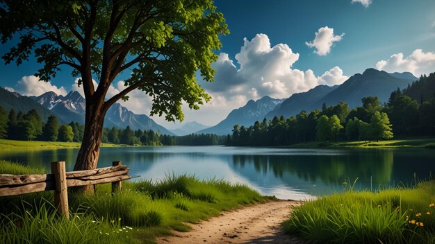 beautiful nature background nature wallpaper design lake mountains and trees banner illustration