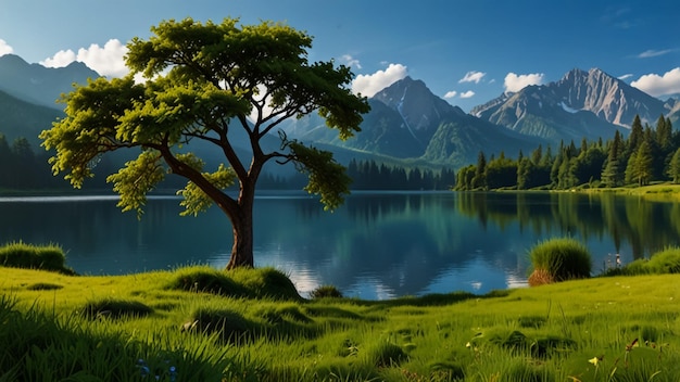 Photo beautiful nature background nature wallpaper design lake mountains and trees banner illustration