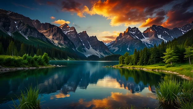 Photo beautiful nature background nature wallpaper design lake mountains and trees banner illustration