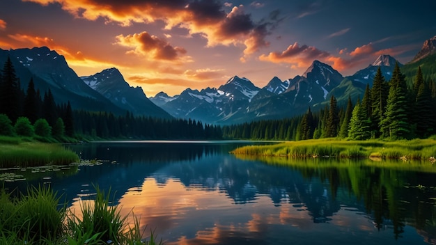 Photo beautiful nature background nature wallpaper design lake mountains and trees banner illustration