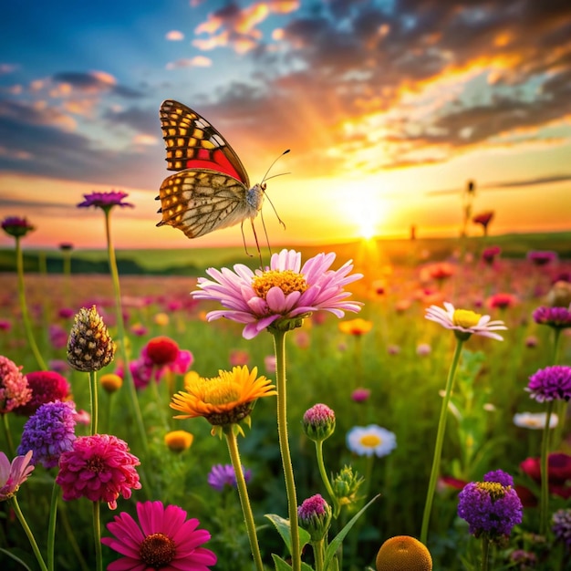 Photo beautiful nature closeup summer flowers and butterfly under sunlight calm nature background tranquil nature background closeup of sunset nature meadow and butterfly abstract color